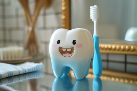 Happy cartoon dental character holding a toothbrush. Dental concept.の素材