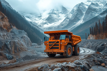 Transportation of ore by dump trucks. A large yellow quarry truck transports cargo from the quarry.の素材