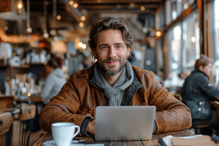 Smiling businessman with coffee cup and laptop.の素材