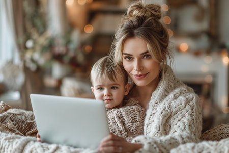 A cheerful mother is using a laptop, with her little son next to her.の素材