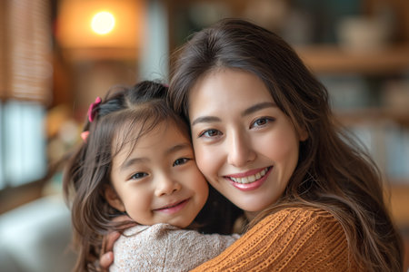 Smiling mother and daughter hugging at home.の素材