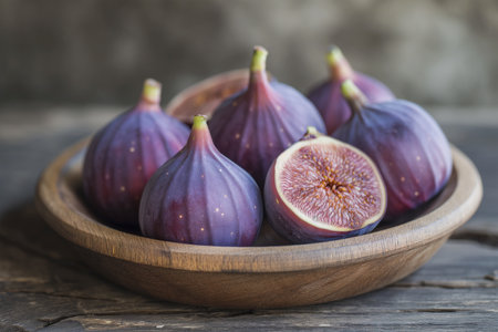 Figs on wooden plate dark wood. Close-up.の素材