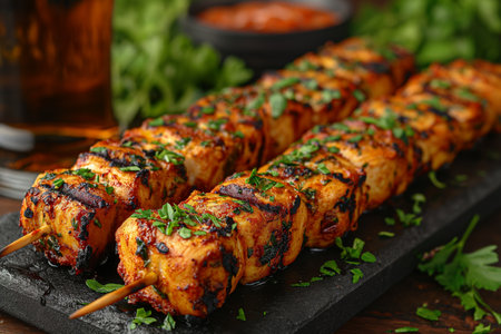 Grilled chicken skewers and garlic mayonnaise. Close-up.の素材