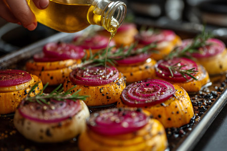 Hand of woman sprinkling olive oil on sliced onion. Close-up.の素材