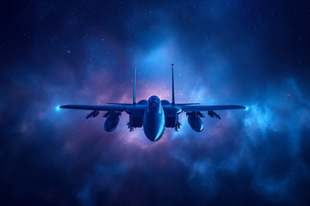 A military plane flies over the starry sky. Military concept.の素材