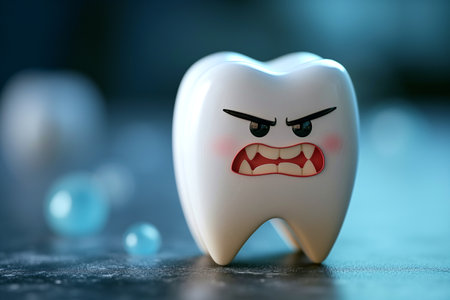 An angry animated tooth stands on a table in blue light. Dental concept.の素材