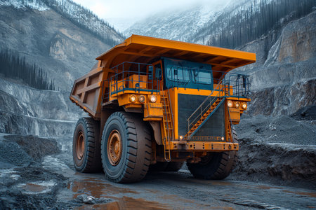 Transportation of ore by dump trucks. A large yellow quarry truck transports cargo from the quarry.の素材