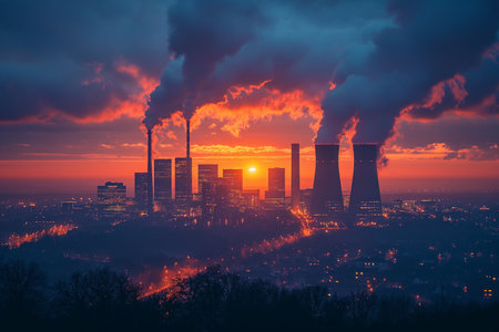 Silhouette of a night city with chimneys of industrial enterprises from which smoke comes. Ecological concept.の素材