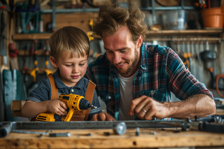 Father with son using drill on plank at home.の素材