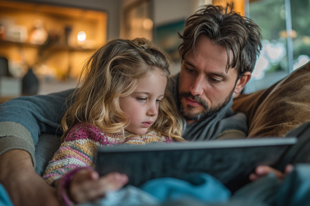Girl using tablet PC lying on sofa with father.の素材