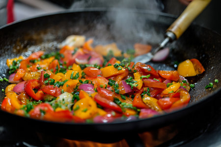 Fried vegetables with herbs for food preparation. Close-up.の素材