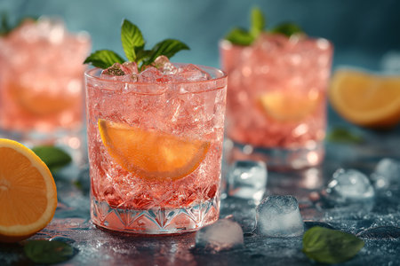 Glasses of cocktail Pink Flamingo with ice cubes and lemon slice. Close-up.の素材