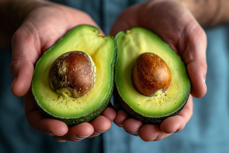 Hands holding two halves of an avocado. Close-up.の素材