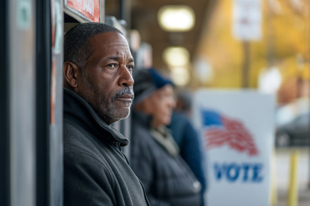 An African American citizen leaves a polling station. Elections in the USA.の素材