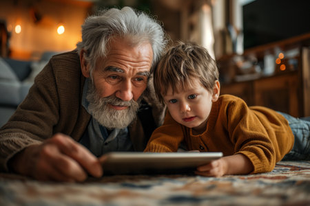 Grandfather and grandson lying on the floor at home.の素材