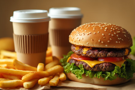 Fast foods with burger and coffee cups against beige background. Close-up.の素材