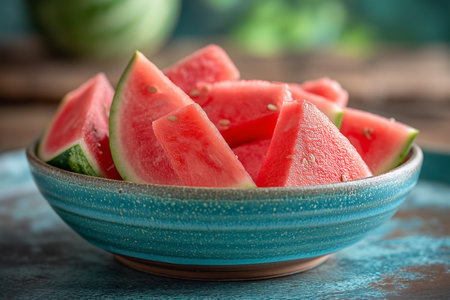 Sliced watermelon on a blue plate. Close-up.の素材