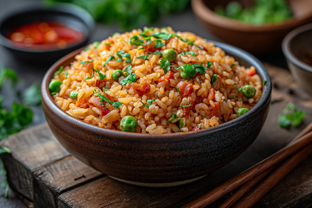 Chopsticks and bowl of fried red rice with vegetables. Close-up.の素材