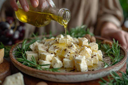 Close-up of woman pouring olive oil over sheep cheese on plate. Close-up.の素材