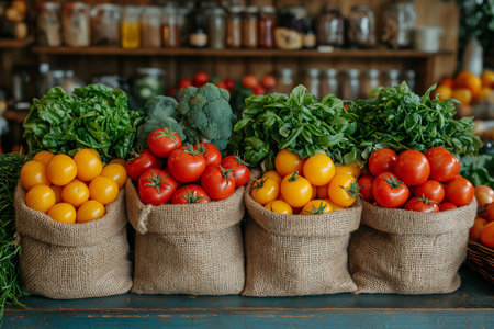 Fresh vegetables in reusable bags on the table at home. Close-up.の素材