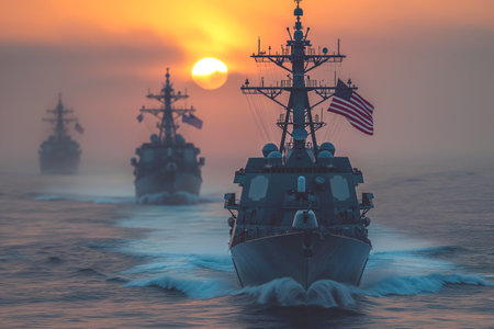 Warships with US flag at sea. Military concept.の素材