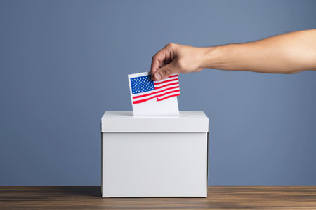 A hand inserts a ballot into a ballot box. Elections in the USA.の素材