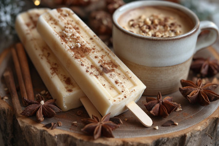Homemade espresso and white chocolate ice lollies. Close-up.の素材