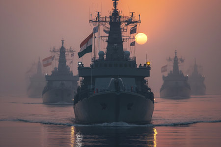 Warships with Indian flag at sea. Military concept.の素材