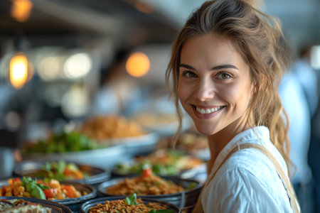 Happy businesswoman serving takeaway food to colleagues.の素材
