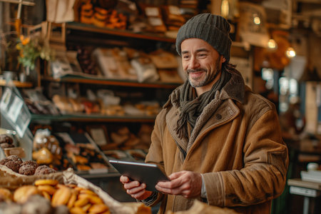 Happy cafe owner with Down syndrome taking customer's order via tablet computer.の素材