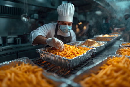 Male chef in protective face mask arranging French fries in foil container at restaurant kitchen.の素材