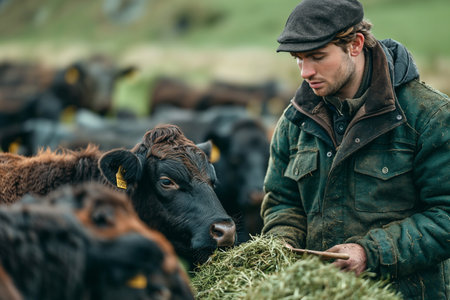 A male farmer feeds cows with hay. Livestock concept.の素材