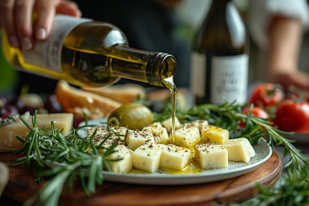 Close-up of woman pouring olive oil over sheep cheese on plate. Close-up.の素材
