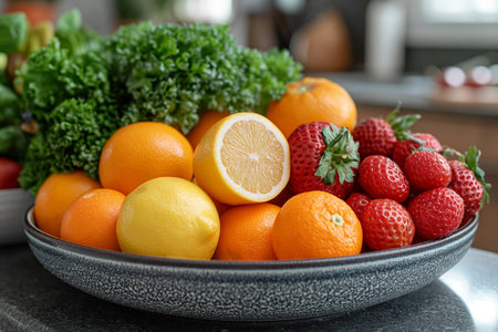 Fruits and vegetables by kitchen utensil on kitchen island. Close-up.の素材