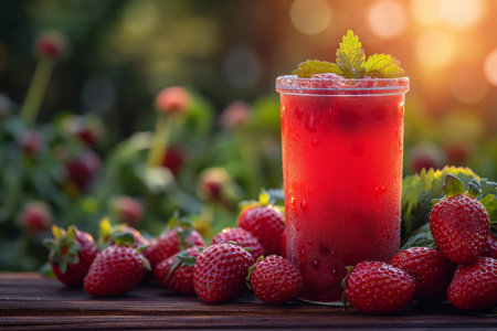 A glass of strawberry rhubarb-strawberry marmalade. Close-up.の素材