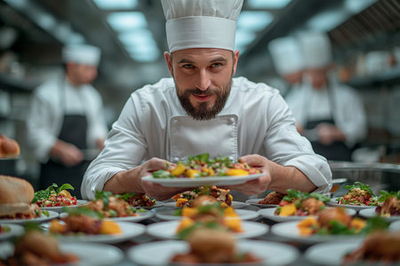 The chef is holding a dish in his hands, with many other dishes nearby.の素材