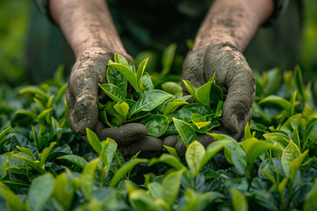 Hands of plantation worker harvesting tea.の素材