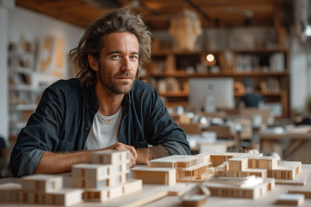 Male entrepreneur with long hair explaining architectural model through video call in office.の素材