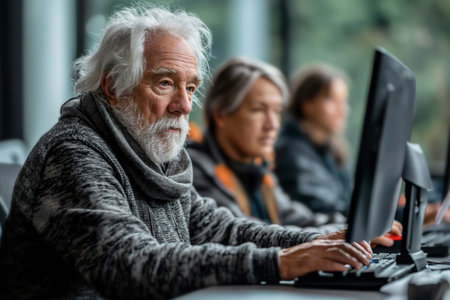 Active seniors attending computer course, working.の素材