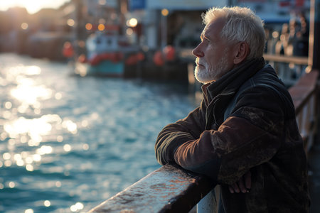 Contemplative senior man leaning on railing at harbor.の素材