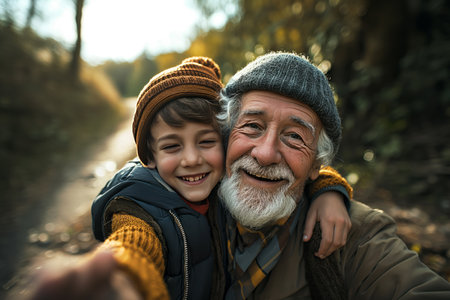 Happy senior man taking a selfie with grandson.の素材