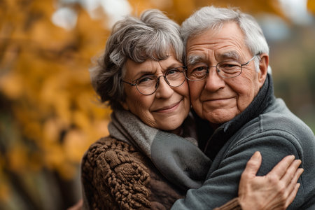 Portrait of an elderly couple hugging on the street.の素材