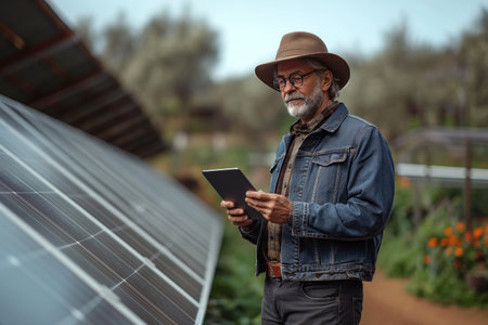 Senior man with tablet pc standing in front of solar panels.の素材
