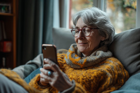 Senior woman text messaging and listening music on smart phone while sitting at home.の素材