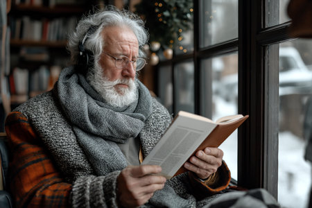 Thoughtful elderly man wearing wireless headphones reading a book at home.の素材