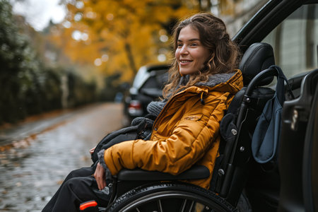 Happy disabled woman opens the car door.の素材
