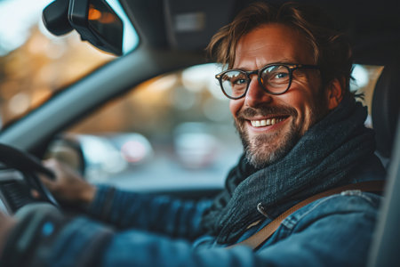 Portrait of a smiling man driving a car while driving.の素材