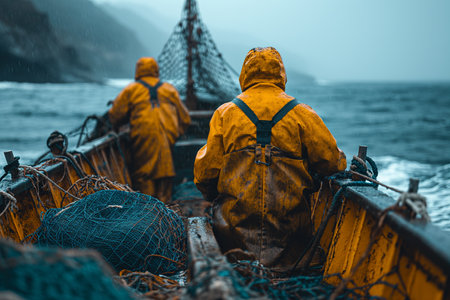 Fishermen on fishing boat on Sea.の素材