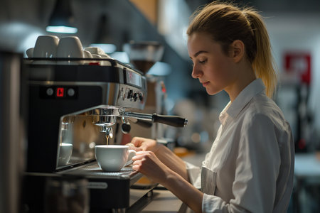 A woman prepares coffee in a coffee machine in a cafe.の素材