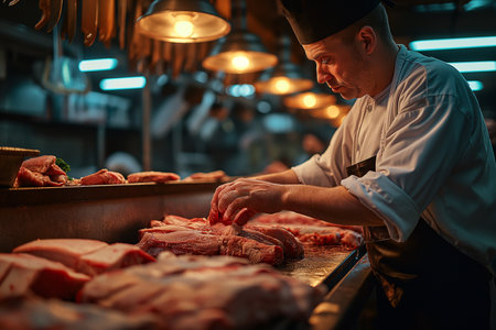 A butcher cuts and checks pork at the workplace.の素材